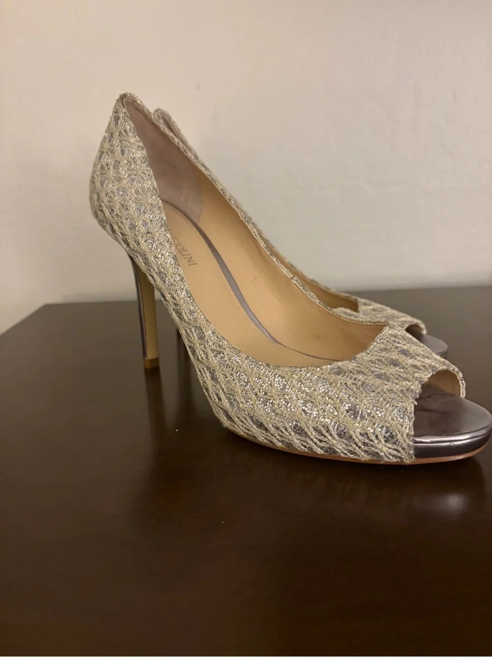 Enzo Angiolini Silver Glitter Peep-Toe Stilettos